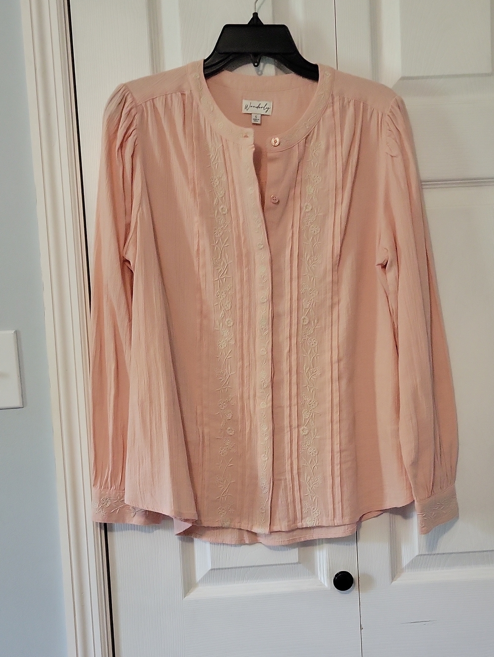 Wonderly Pale Pink Embroidered Button-Front Blouse